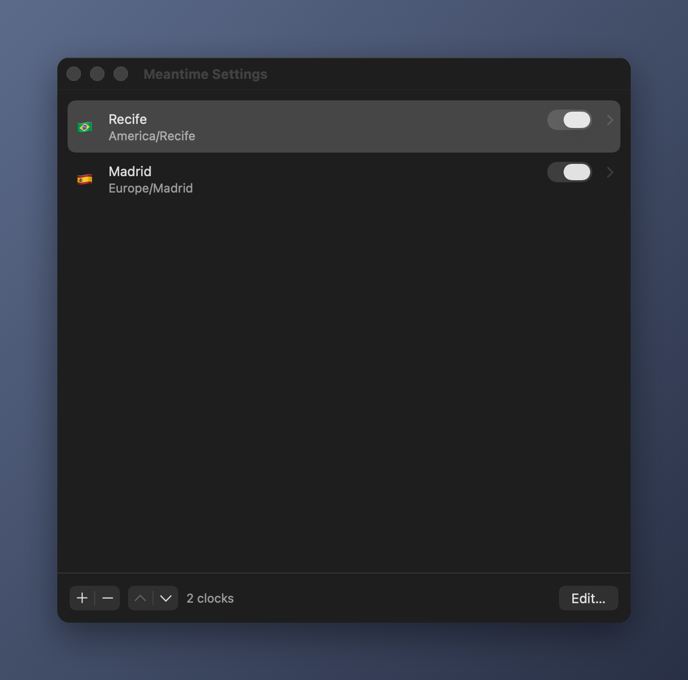 Meantime Settings showing a native selectable list of clocks with add, remove, reorder, and edit controls