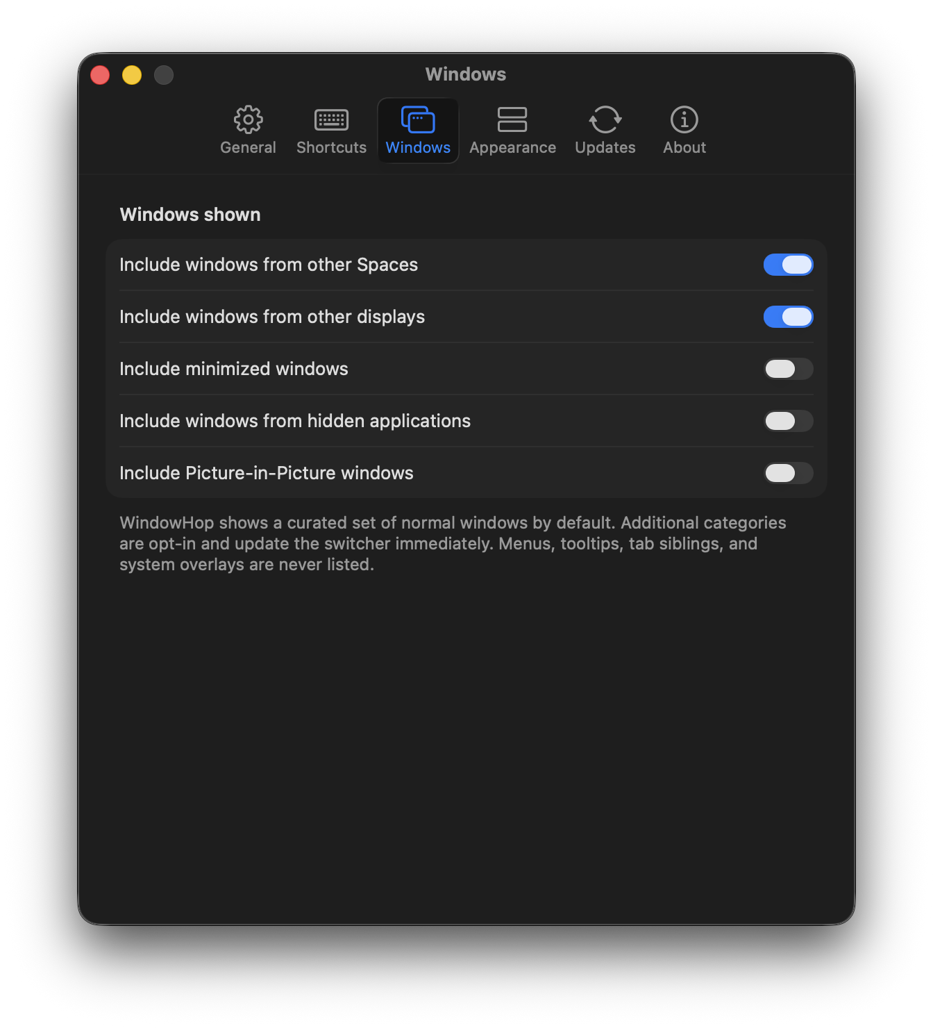 WindowHop Windows Settings with the opt-in window categories