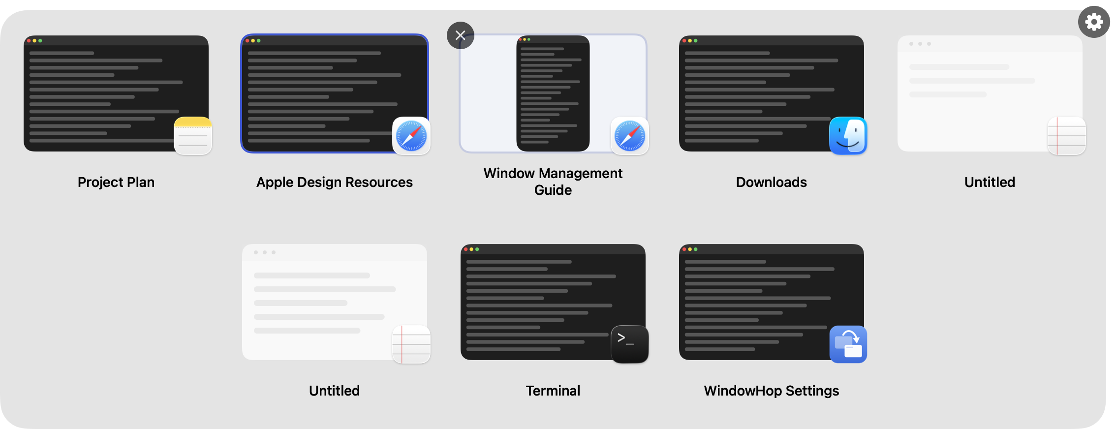 WindowHop showing individual window previews with one selected card